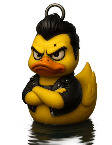 A bad ass duck, a rubber duck with a black jacket and leather jacket