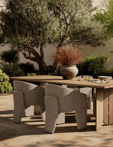 Small outdoor table surrounded by woven chairs, olive tree and warm garden plants for relaxed slow l