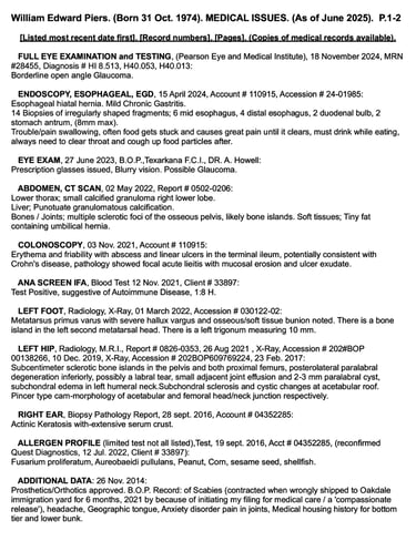 william edward piers medical issues from being wrongly imprisoned for 25 plus years. page 1 of 2.