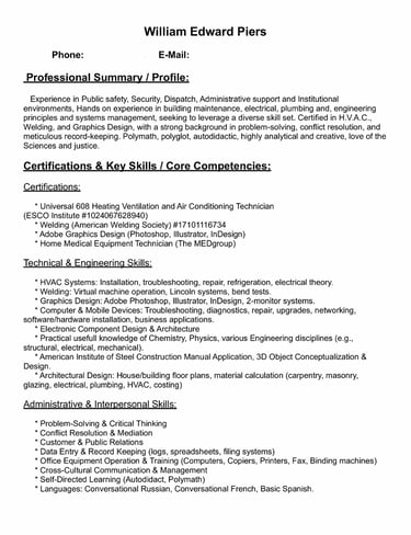 william edward piers resume page one
