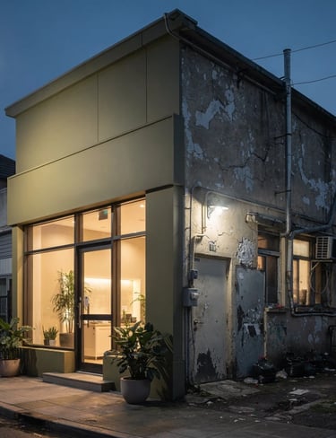 Modern storefront beside a deteriorating back-end building, showing the gap between customer experience and operations