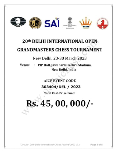 20th Delhi International Open Grandmasters Chess Tournament 2023. India Chess. AICF Chess. ACF Chess