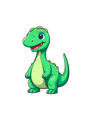 Illustrazione di un dinosauro verde sorridente in stile cartone animato, utilizzato per contenuti divertenti e dedicati ai ba
