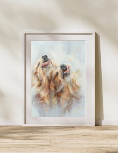 A framed fine art print of two golden retrievers playfully licking a window