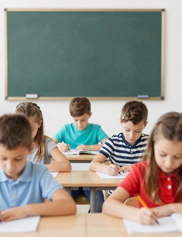 Colorful worksheets spread out on a wooden desk with pencils and crayons.