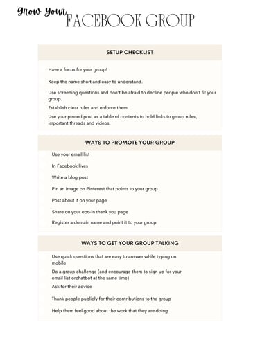 Checklist for how to grow your Facebook group with setup tips, promotion ideas, and engagement strategies.
