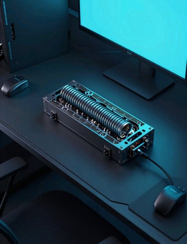 Overhead technical desk layout, showing a TensorCoil hardware unit placed between a multi-monitor setup and a workstation chair, sharp low-key neon lighting, deep obsidian and electric cyan tones, industrial tech photography, high contrast