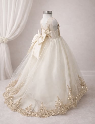 Elegante vestido de niña de fiesta en color crema, con bordado de encaje dorado y un gran moño atras