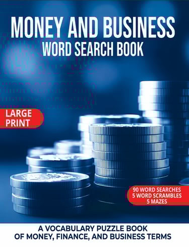 Money and Business Word Search Book cover with stacks of coins.