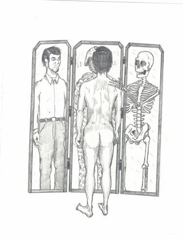 a drawing of a man standing in front of a skeleton