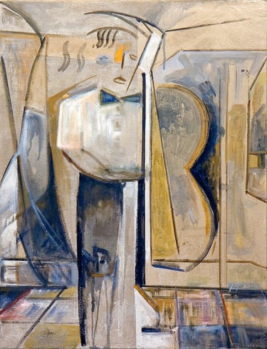 El camarero y la guitarra, óleo sobre lienzo del artista pintor Argi Girón. Waiter guitar oil artist