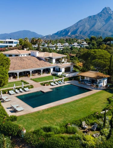 Aerial view of Villa La Gratitud with La Concha backdrop