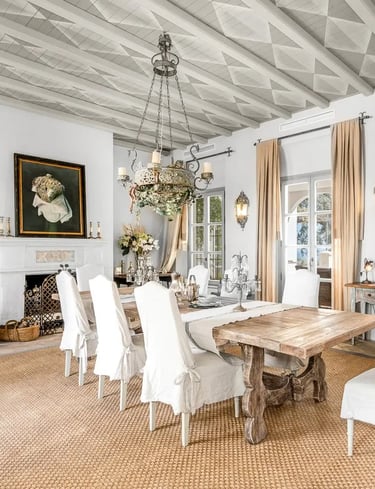 Elegant dining room with rustic beams at Finca Santa Katerina