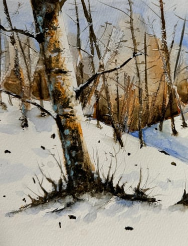 a painting of a forest full of snow