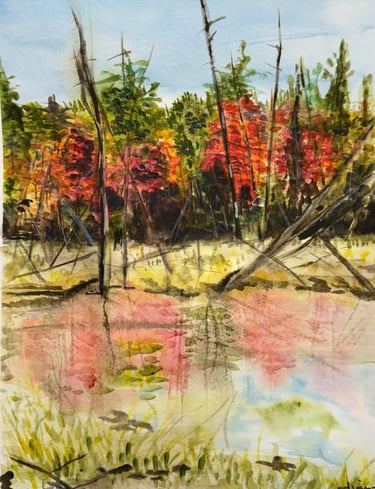a painting of a pond with trees and water