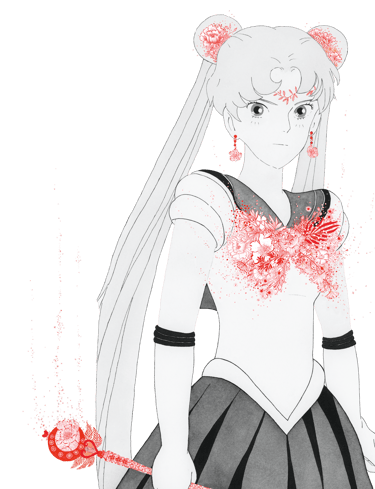 Illustrations de Sailor Moon dessine en LAVI et en fleurs rouges