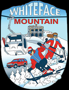 Whiteface Mountain 2-d Poly design. 2 skiers and ski lift and car.