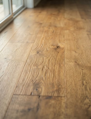 Close-up of hand-scraped premium European timber under soft morning window light, warm natural tones, architectural 35mm