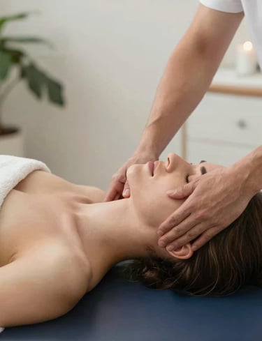 Hands gently massaging a tense shoulder, symbolizing stress relief.