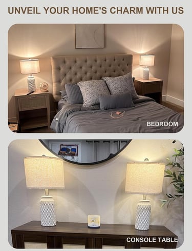 Elegant ceramic table lamps with textured bases lighting up a cozy bedroom and wooden console table.