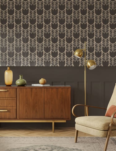 Dark retro floral wallpaper with a deep charcoal background and beige tulip motifs