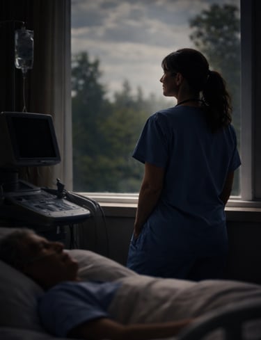 Female sonographer standing in window at bedside looking out the window in contemplation.