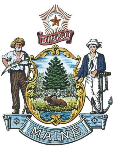 State Seal of Maine featuring a pine tree, moose, farmer, and sailor with the Dirigo motto.