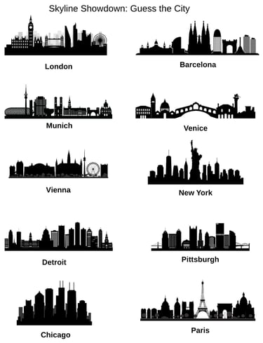 a set of six different types of buildings in different cities