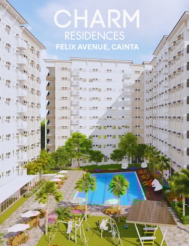 Modern high-rise condos at Charm Residences in Cainta with an outdoor swimming pool and playground.