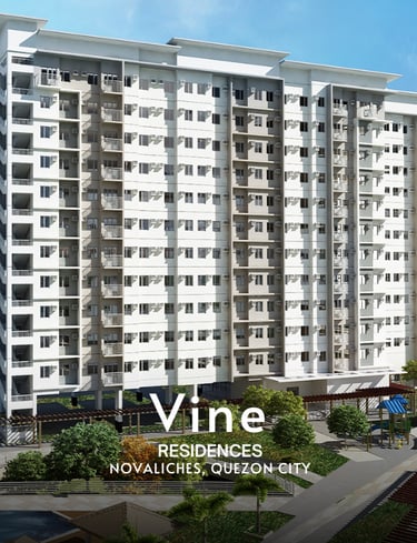 Modern facade of Vine Residences high-rise condominium in Novaliches, Quezon City.