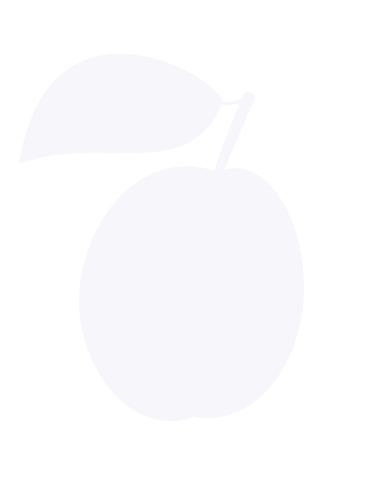 Minimalista fehér szilva gyümölcs sziluett, szárral és levéllel, átlátszó háttérrel.