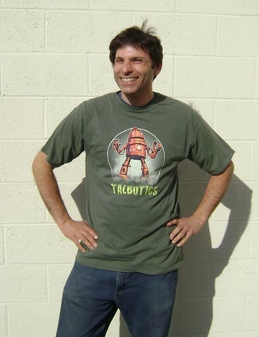 Talbotics t-shirt worn by screen printer Earl.