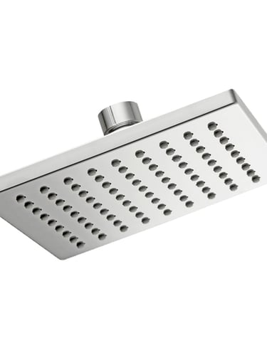 Modern chrome square rainfall shower head with rubber nozzles for a luxury bathroom upgrade.