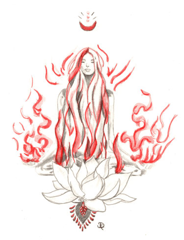 a drawing of a woman sitting in lotus flowers symbolizing the feminine energy