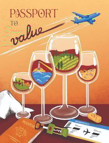 4 wine glasses on a table containing different landscapes