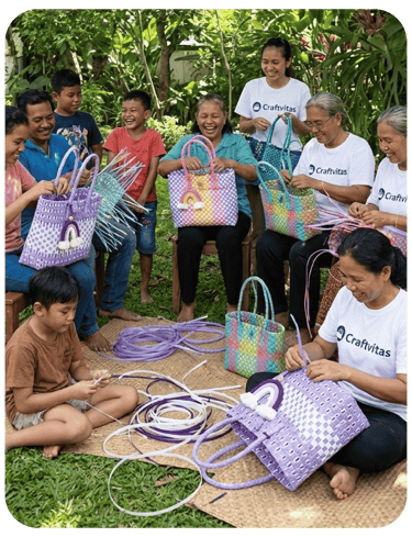 Community of artisans and families handcrafting colorful jali jali woven plastic bags together outdoors at craftvitas