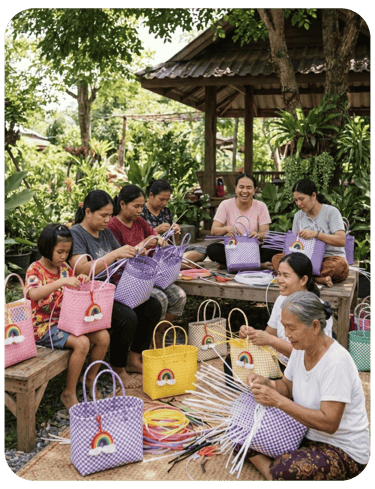 Artisans handweaving jali jali plastic bags in a garden setting using traditional manual techniques at Craftvitas Indonesia.
