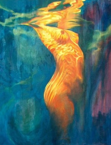 underwater female figure painting,, art, acrylic, oil, mixed media, abstract realism, light