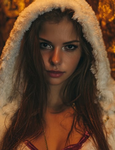 a woman in a hooded coat surrounded by golden Bitcoin symbols, representing curiosity about cryptocu