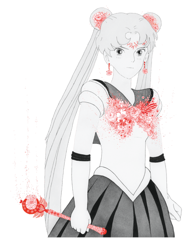 Illustrations de Sailor Moon dessine en LAVI et en fleurs rouges