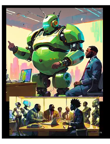 Futuristic digital art of a large green robot presenting to business professionals in a modern office.