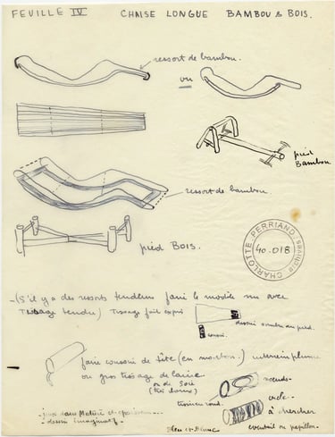 Original design sketch of a modern chaise longue showing Charlotte Perriand’s early furniture design