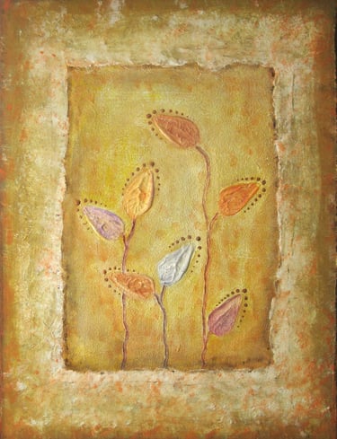 Textured abstract painting featuring colorful leaf-like shapes on a golden-yellow canvas with a rustic border.