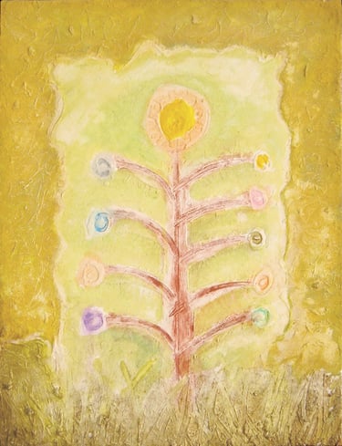 Abstract oil painting of a whimsical tree with colorful fruit against a textured yellow background.