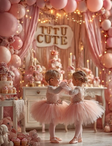 Two young children in pink tutus dance in a festive room adorned with pink balloons, cupcakes, and t