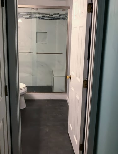 a bathroom with a shower and a toilet