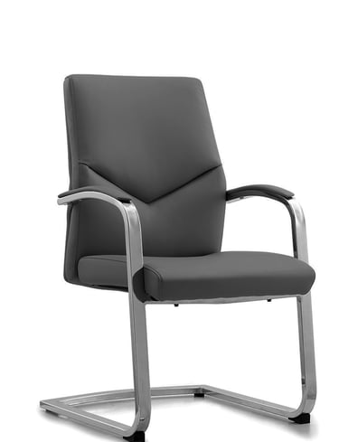 Cantilever base meeting chair with grey upholstery and open armrests