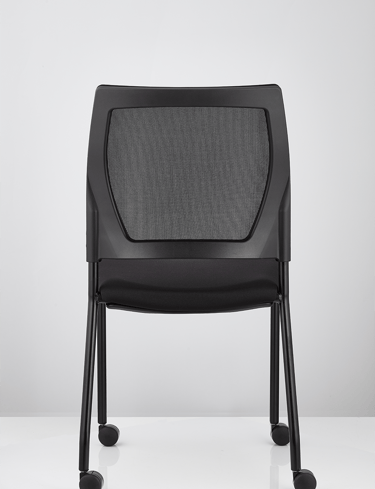 V137 all-black mesh visitor chair with castors, rear view