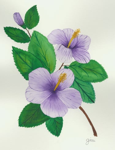 a watercolor painting of purple hibiscus flowers
