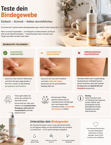 Infografik zum Testen des Bindegewebes mit Fusion2Life Faszien Lotion gegen Cellulite.
